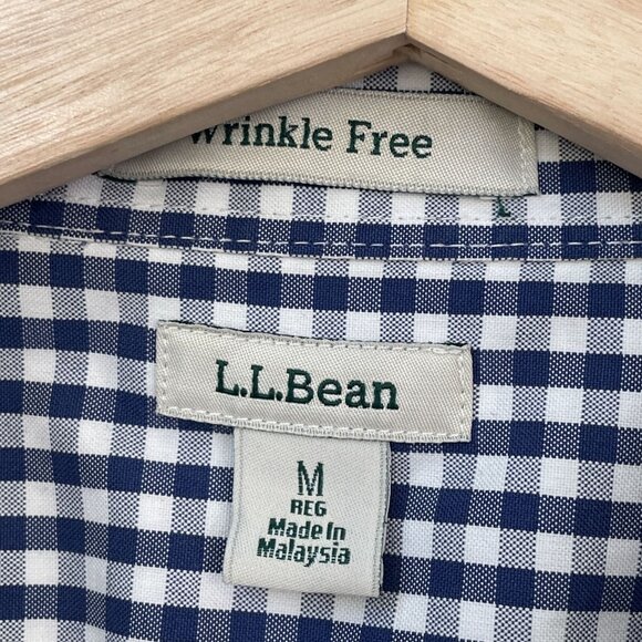 LL Bean Womens Medium Wrinkle Free Navy White Gingham Check Button Up Shirt Top - Picture 3 of 8